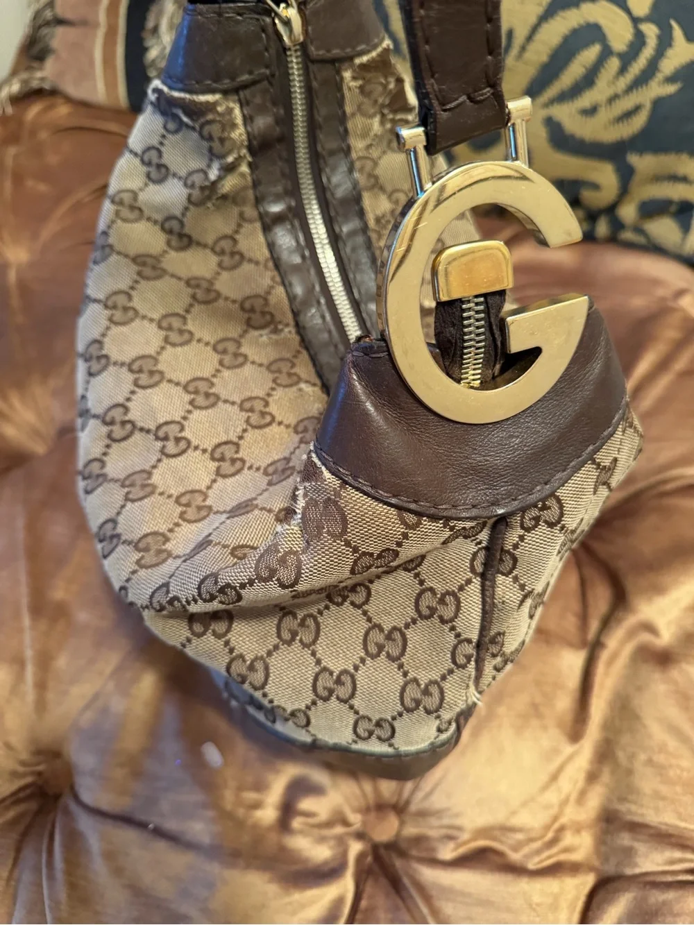 Gucci Beige GG Canvas Hobo with Dark Brown Leather Trim